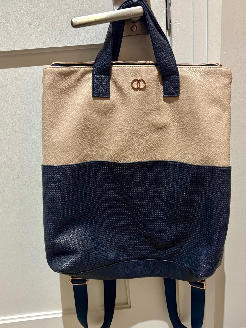 Beige and Navy Two-Tone Unisex Tote Backpack